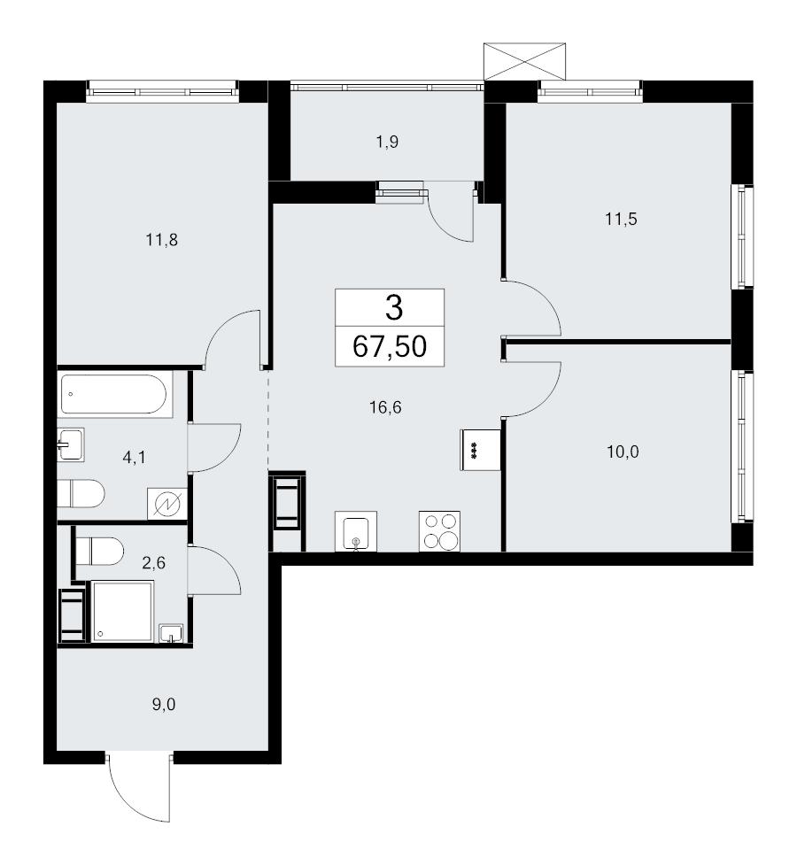 4-комнатная (Евро) квартира, 67.5 м² в ЖК "А101 Лаголово" - планировка, фото №1