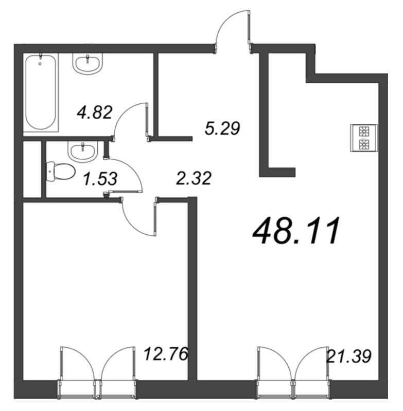 2-комнатная (Евро) квартира, 49.5 м² в ЖК "Малоохтинский, 68" - планировка, фото №1