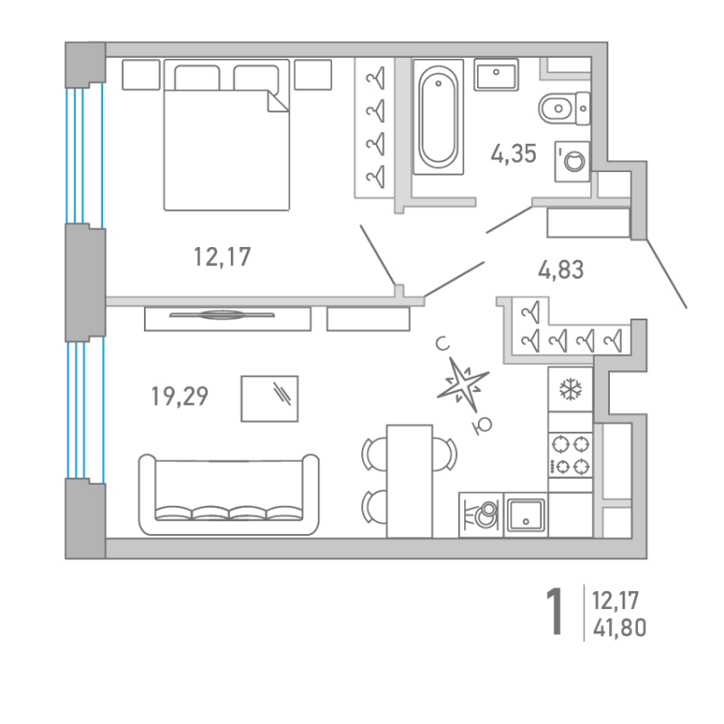 2-комнатная (Евро) квартира, 41.8 м² в ЖК "Министр" - планировка, фото №1