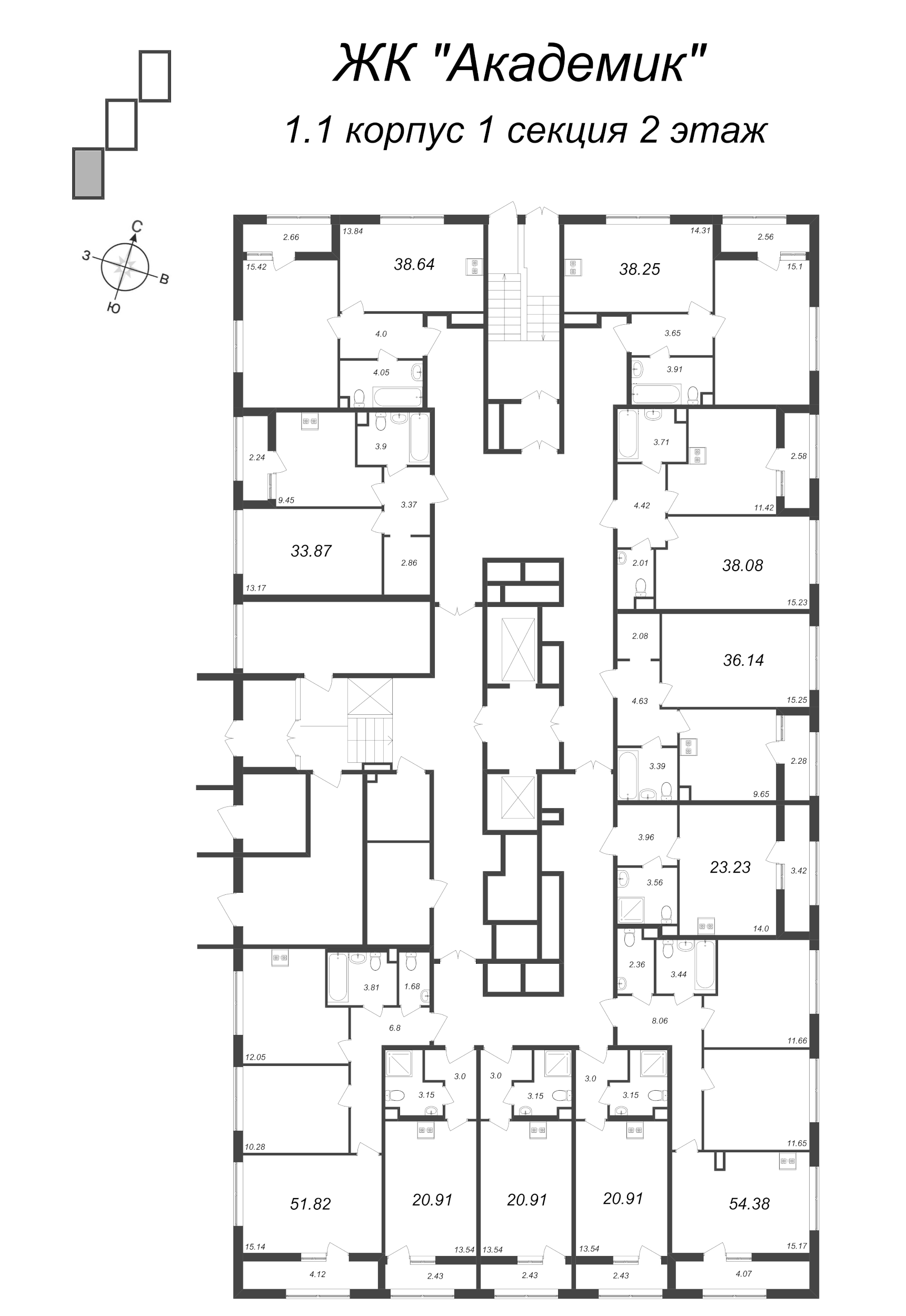 3-комнатная (Евро) квартира, 54.38 м² в ЖК "Академик" - планировка этажа