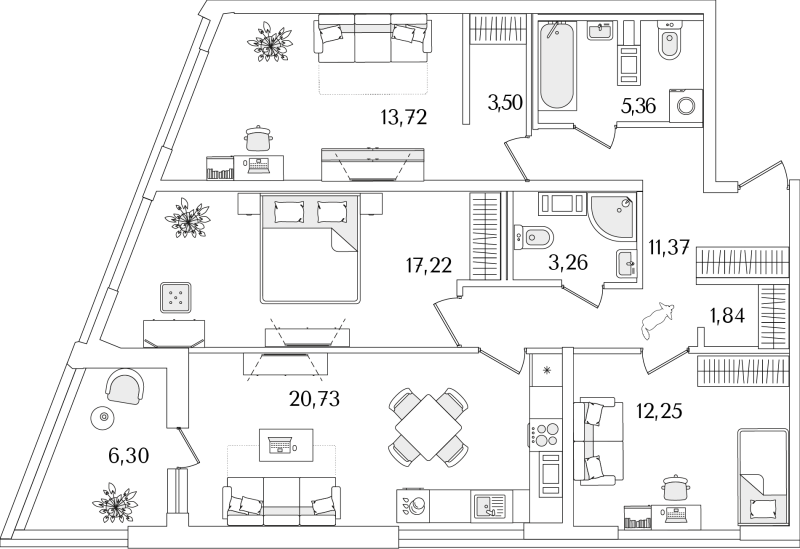 4-комнатная (Евро) квартира, 92.4 м² в ЖК "Лайнеръ" - планировка, фото №1