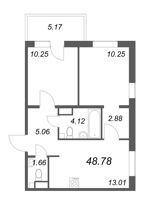 2-комнатная квартира, 48.88 м² - планировка, фото №1