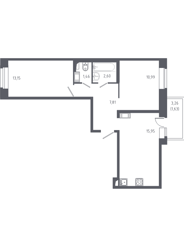 3-комнатная (Евро) квартира, 53.59 м² в ЖК "Новое Колпино" - планировка, фото №1