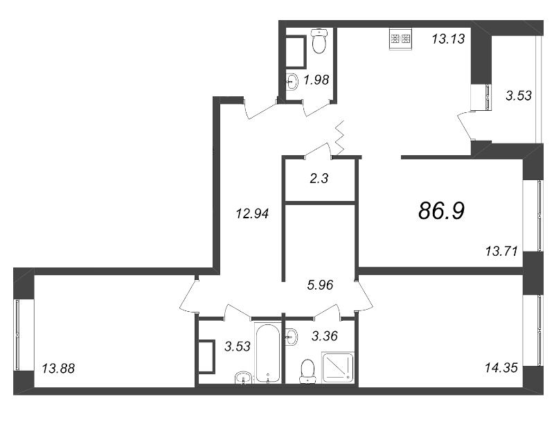 3-комнатная квартира, 86.9 м² в ЖК "Уютный" - планировка, фото №1