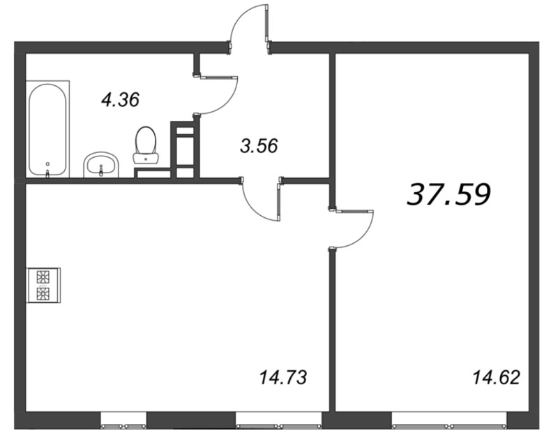 2-комнатная (Евро) квартира, 37.59 м² в ЖК "Чёрная речка" - планировка, фото №1