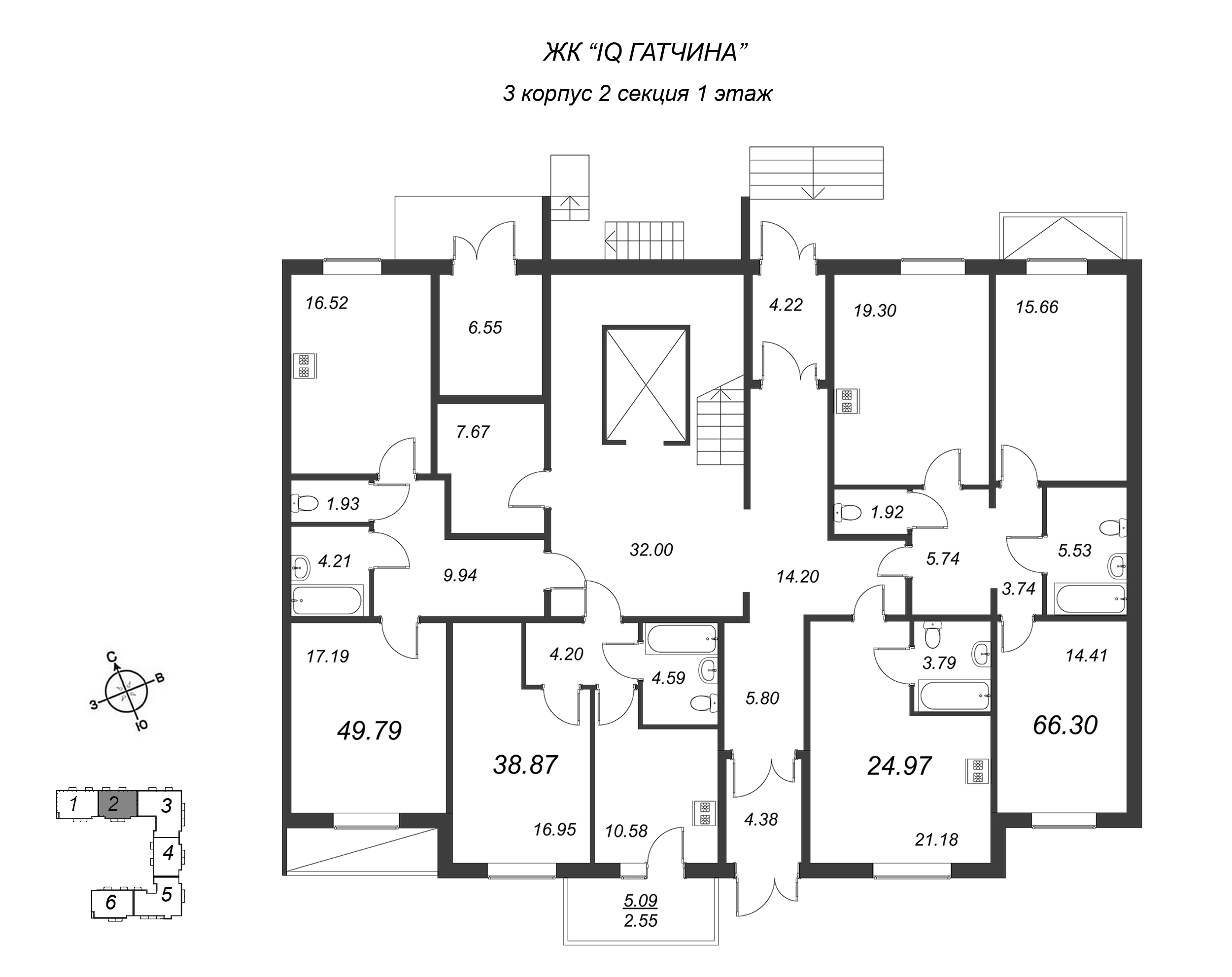 1-комнатная квартира, 49.79 м² в ЖК "IQ Гатчина" - планировка этажа