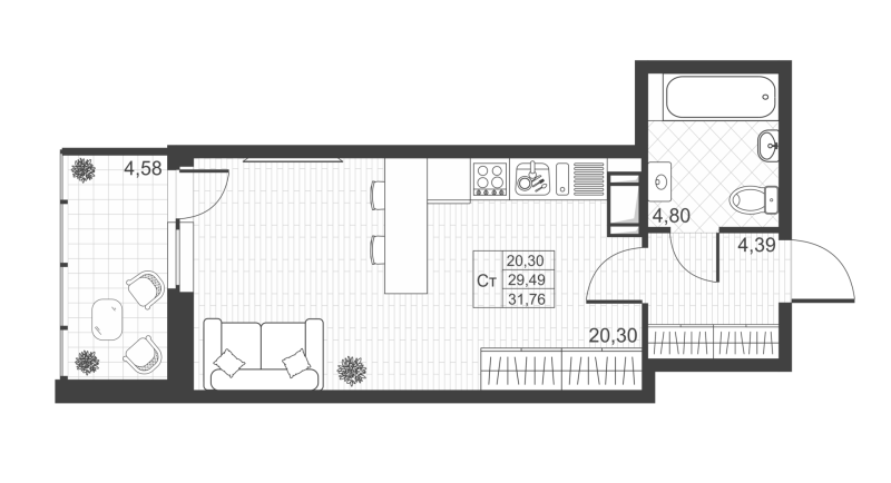 Квартира-студия, 31.78 м² - планировка, фото №1