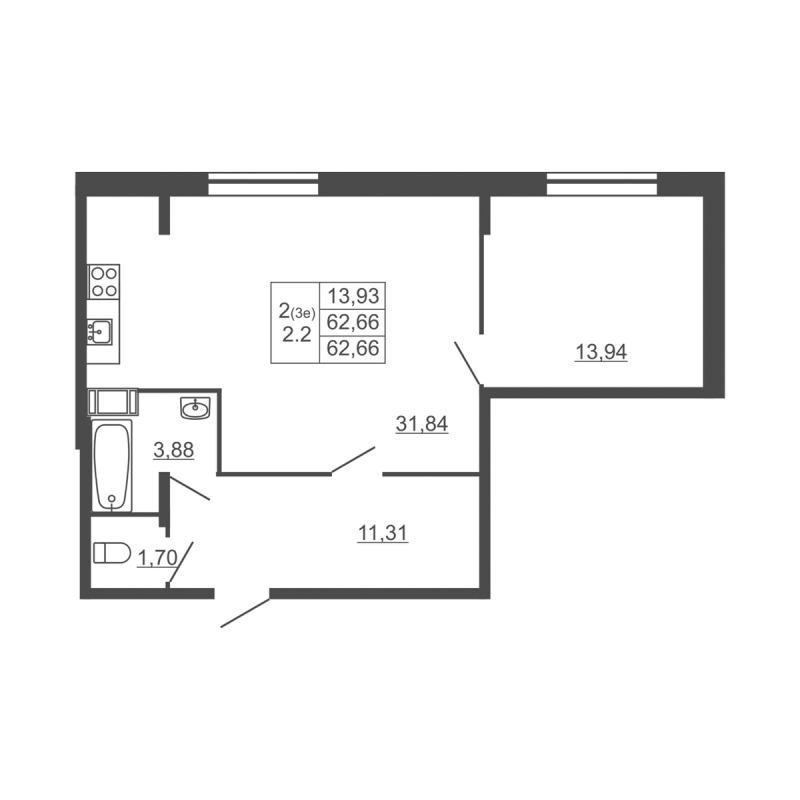 2-комнатная (Евро) квартира, 62.66 м² в ЖК "Полёт" - планировка, фото №1