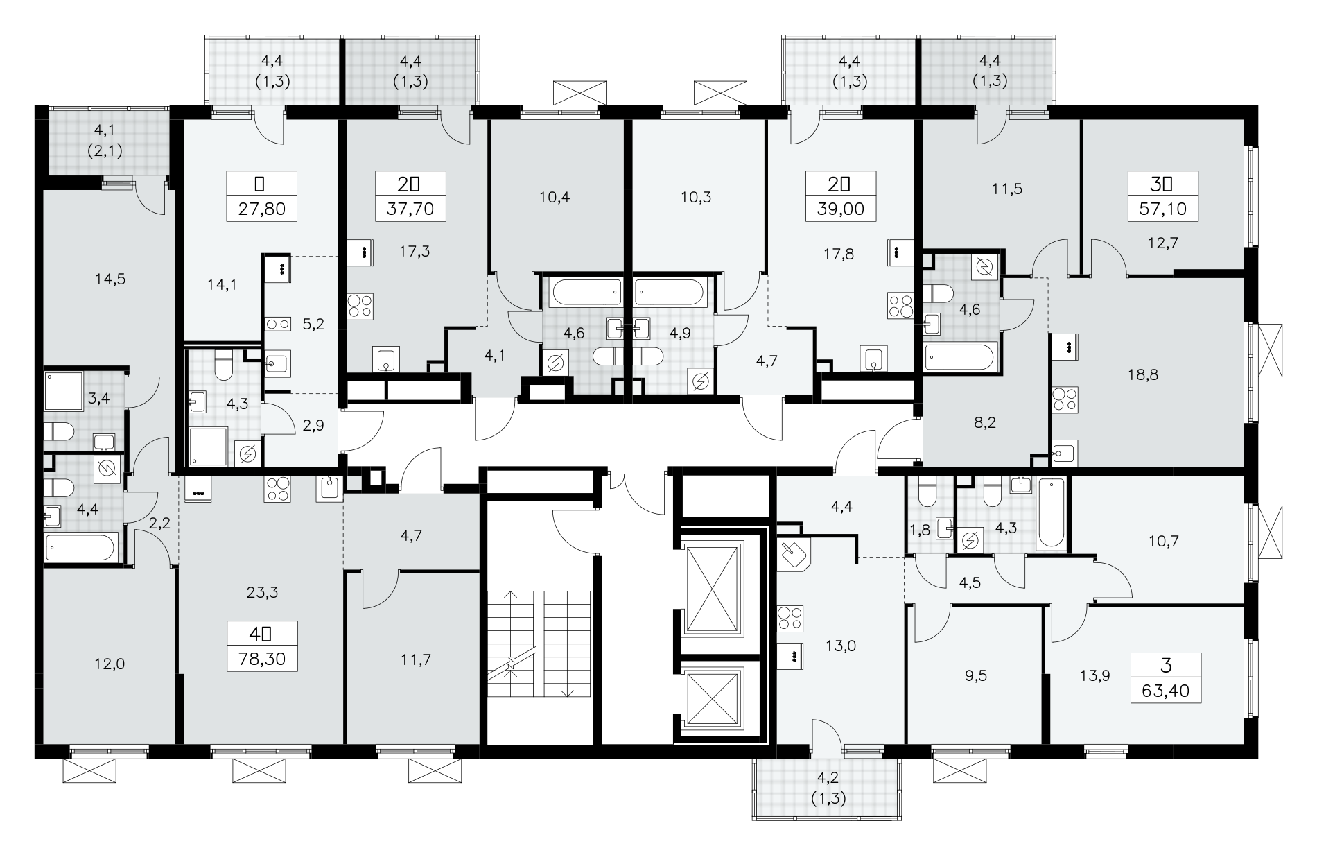 3-комнатная квартира, 63.4 м² - планировка этажа