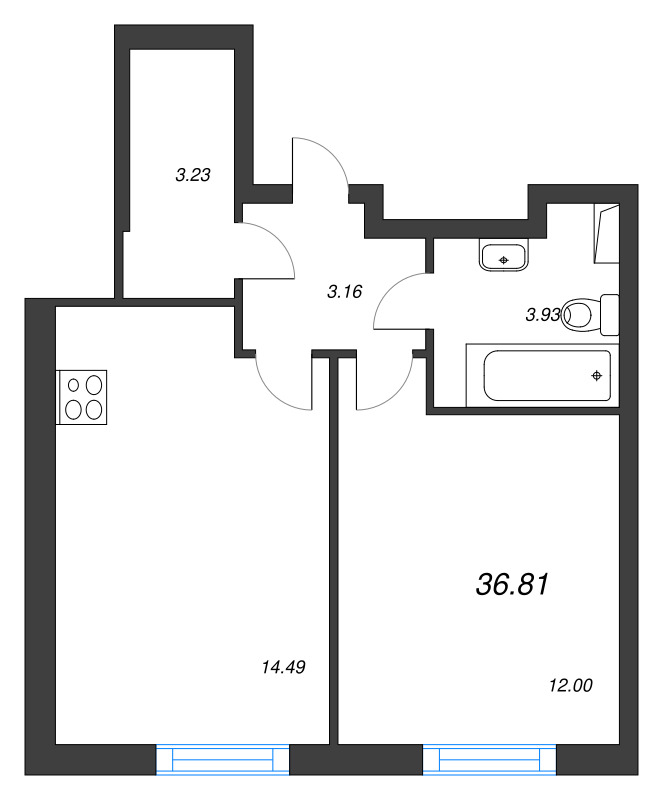2-комнатная (Евро) квартира, 36.81 м² в ЖК "Кинопарк" - планировка, фото №1