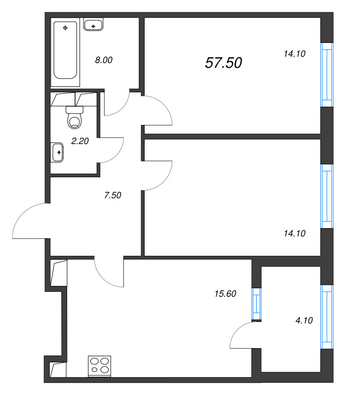 3-комнатная (Евро) квартира, 57.5 м² в ЖК "ЮгТаун" - планировка, фото №1