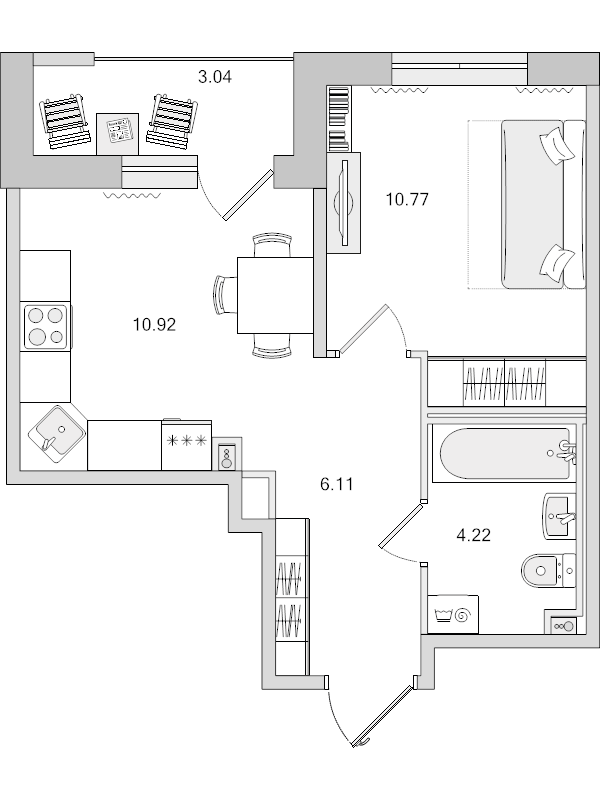 2-комнатная (Евро) квартира, 32.02 м² в ЖК "Город Первых" - планировка, фото №1