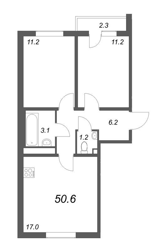 3-комнатная (Евро) квартира, 50.6 м² - планировка, фото №1