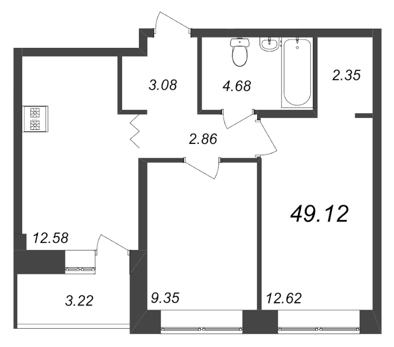 2-комнатная квартира, 49.12 м² в ЖК "Уютный" - планировка, фото №1