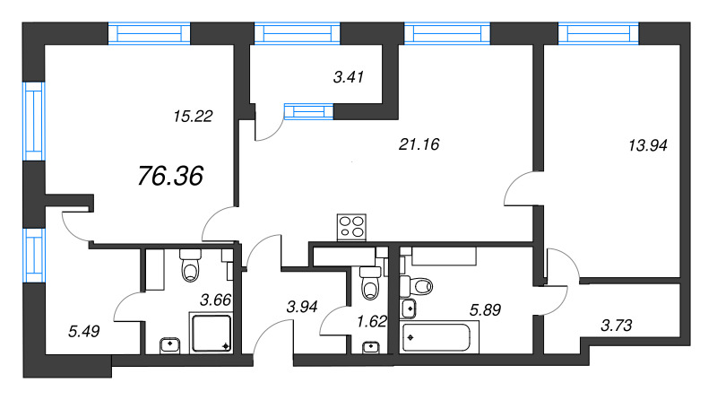 3-комнатная (Евро) квартира, 76.36 м² в ЖК "БелАрт" - планировка, фото №1