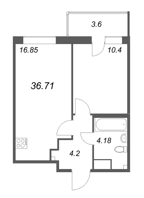 2-комнатная (Евро) квартира, 36.71 м² - планировка, фото №1