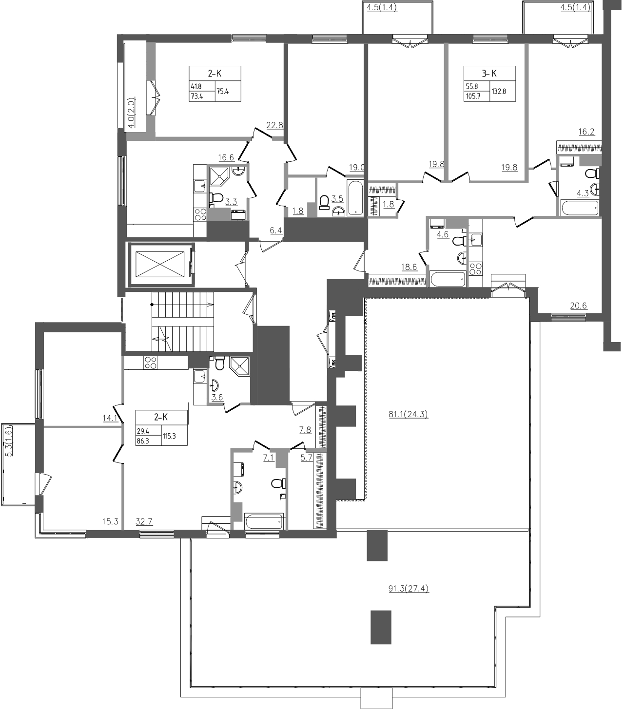 3-комнатная (Евро) квартира, 115.1 м² в ЖК "Upoint" - планировка этажа