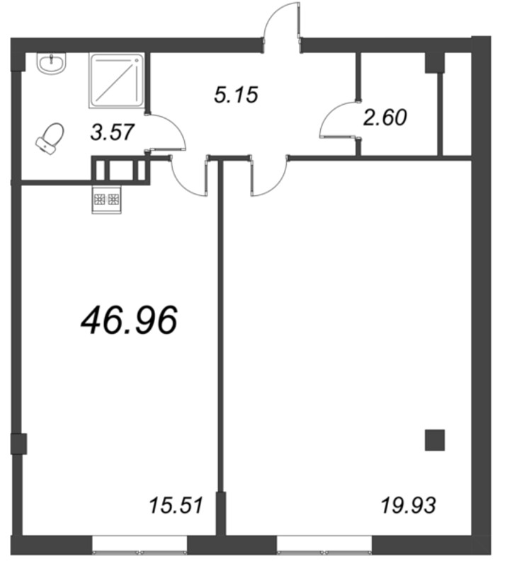 1-комнатная квартира, 45.46 м² в ЖК "Ромашки" - планировка, фото №1