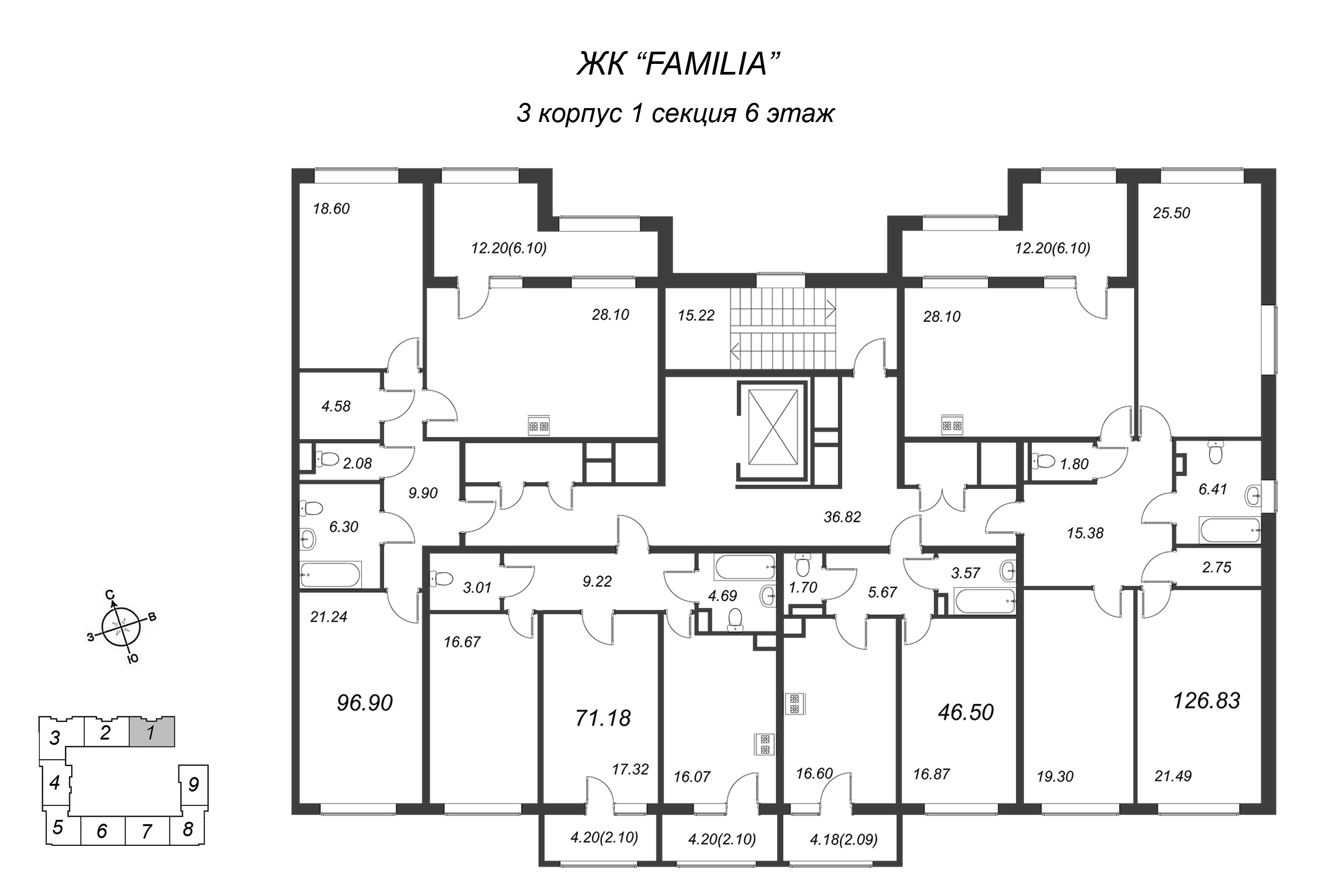 2-комнатная (Евро) квартира, 46.4 м² в ЖК "FAMILIA" - планировка этажа