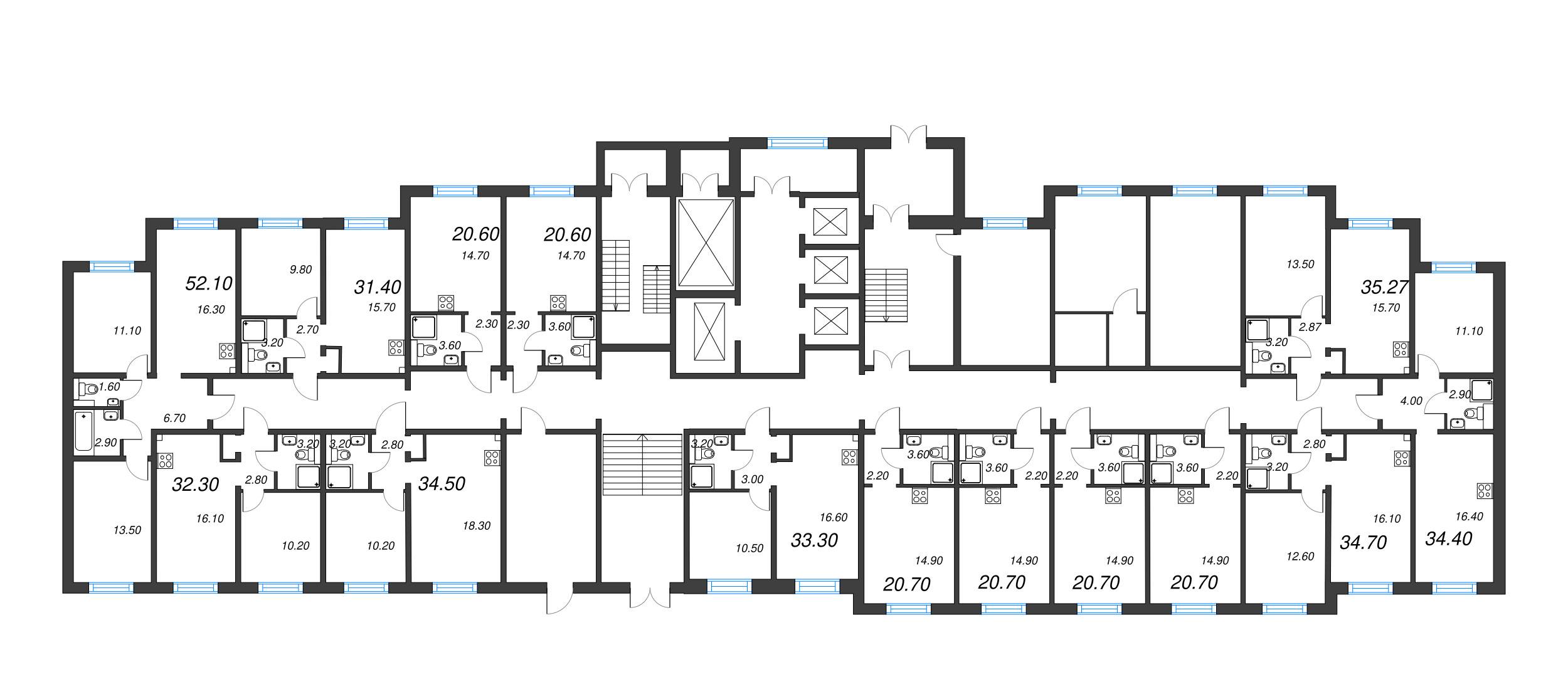 3-комнатная (Евро) квартира, 52.1 м² - планировка этажа