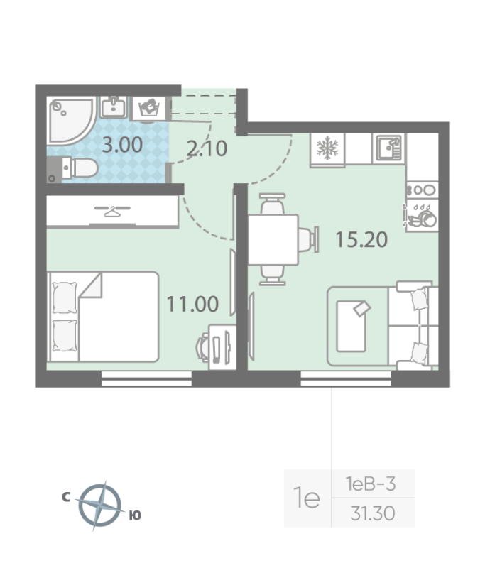 2-комнатная (Евро) квартира, 31.3 м² - планировка, фото №1