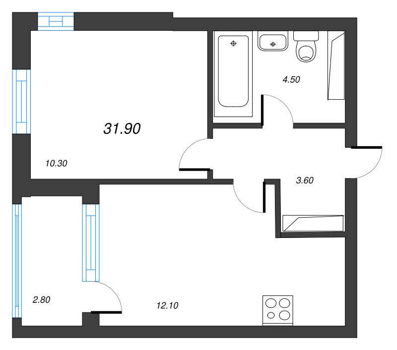 2-комнатная (Евро) квартира, 31.9 м² в ЖК "Тайм Сквер" - планировка, фото №1