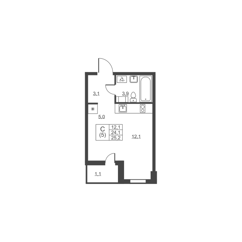 Квартира-студия, 25.2 м² в ЖК "Ермак" - планировка, фото №1