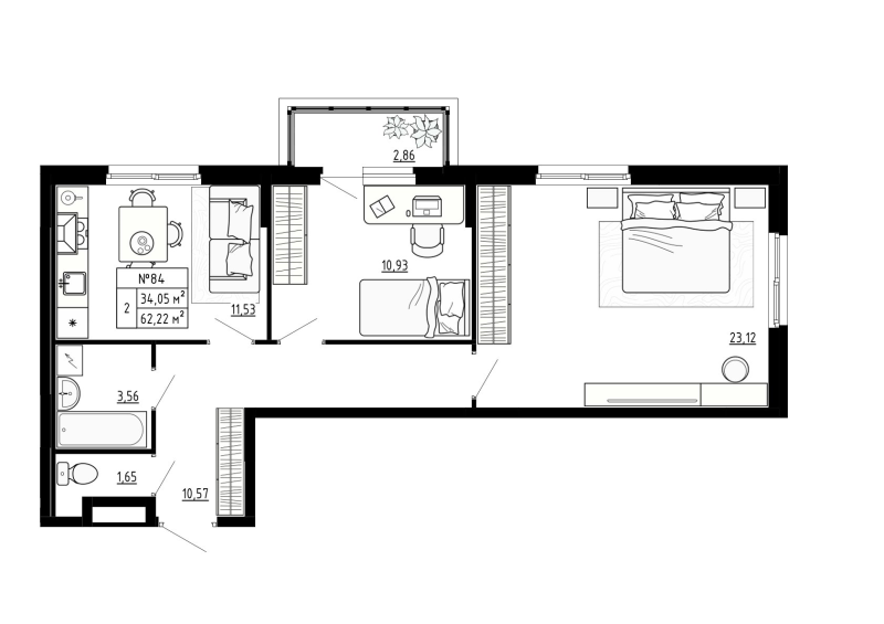 2-комнатная квартира, 62.22 м² - планировка, фото №1