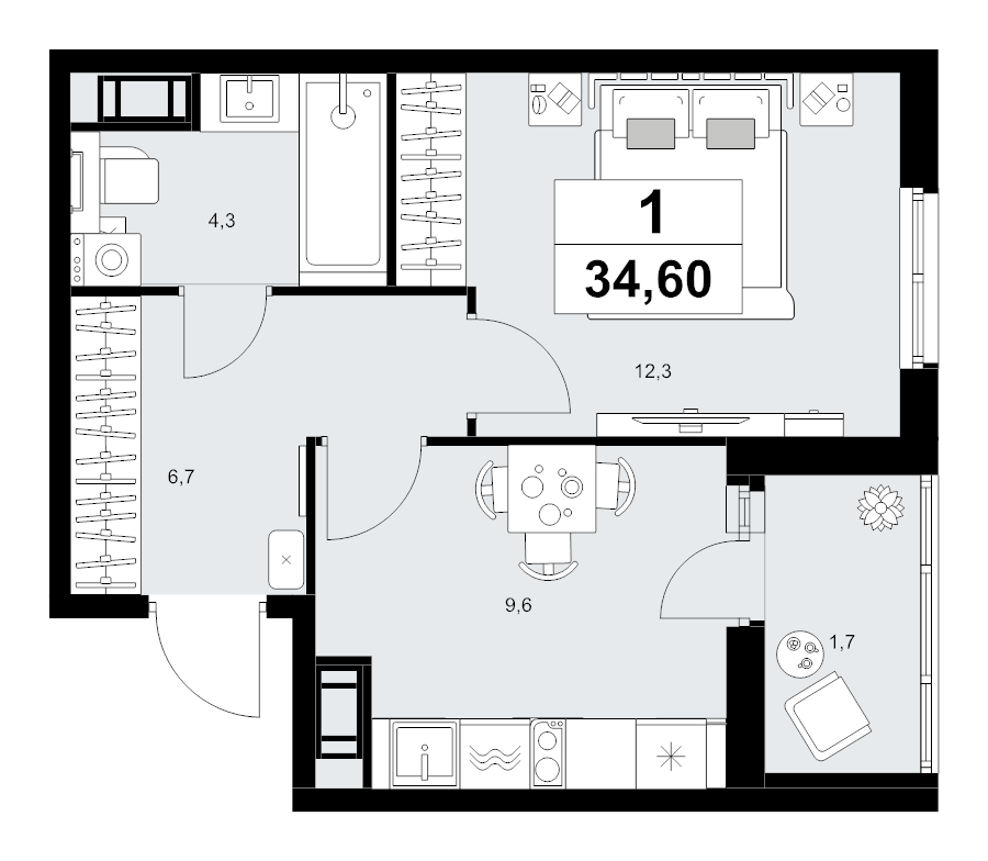 1-комнатная квартира, 34.6 м² в ЖК "А101 Лаголово" - планировка, фото №1