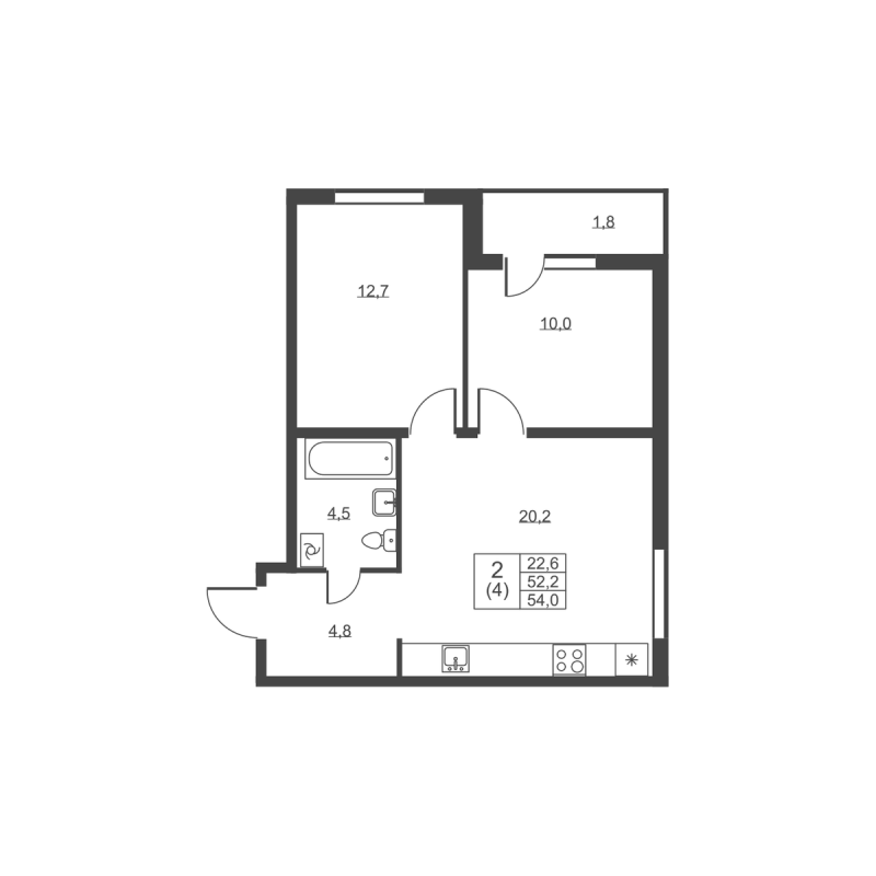 3-комнатная (Евро) квартира, 54 м² в ЖК "Ермак" - планировка, фото №1