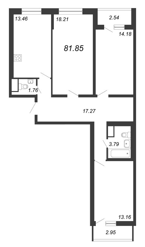 3-комнатная квартира, 81.85 м² в ЖК "Приморский квартал" - планировка, фото №1