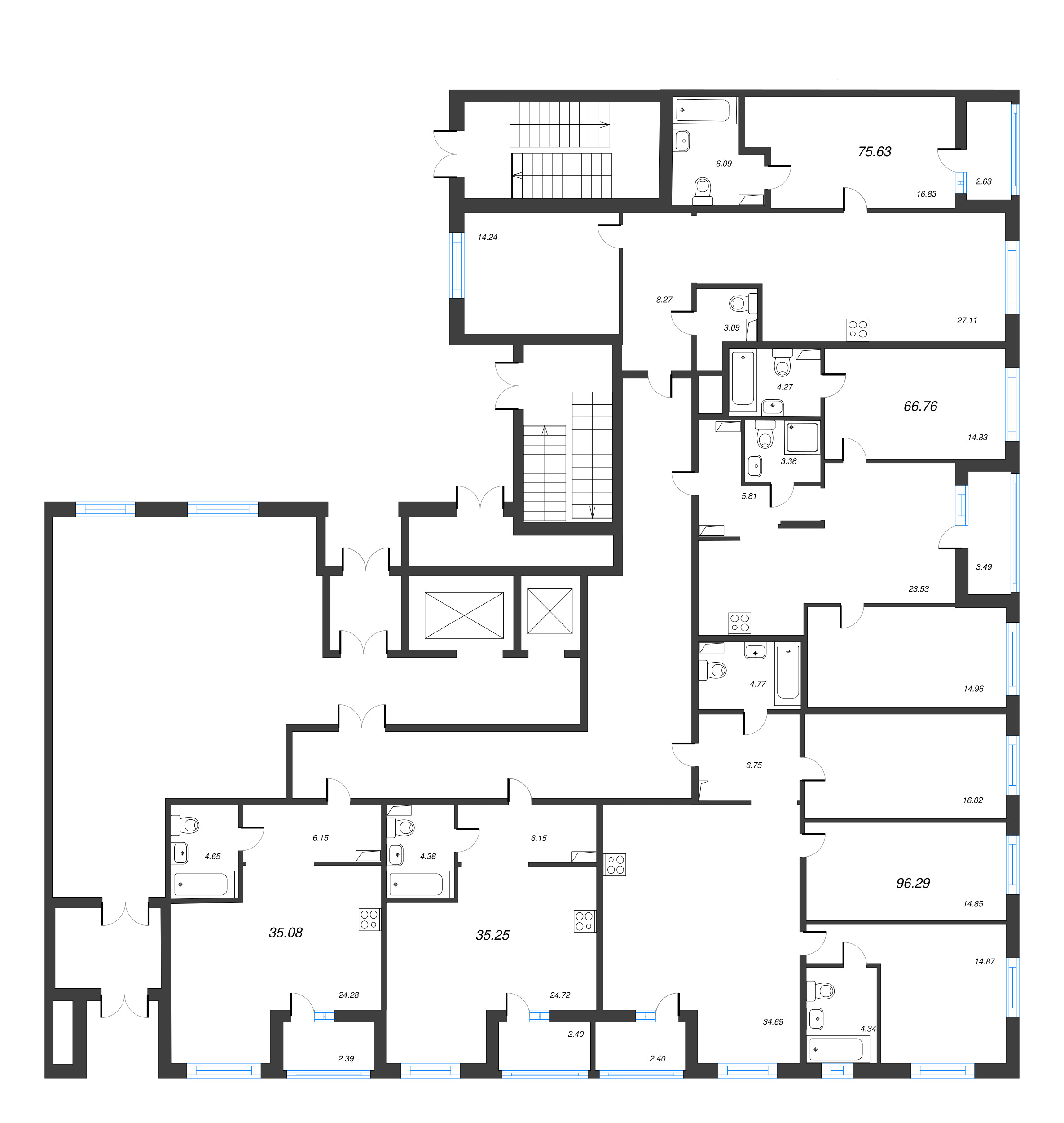 4-комнатная (Евро) квартира, 96.29 м² - планировка этажа