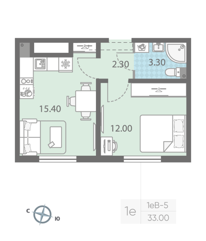 2-комнатная (Евро) квартира, 33 м² - планировка, фото №1