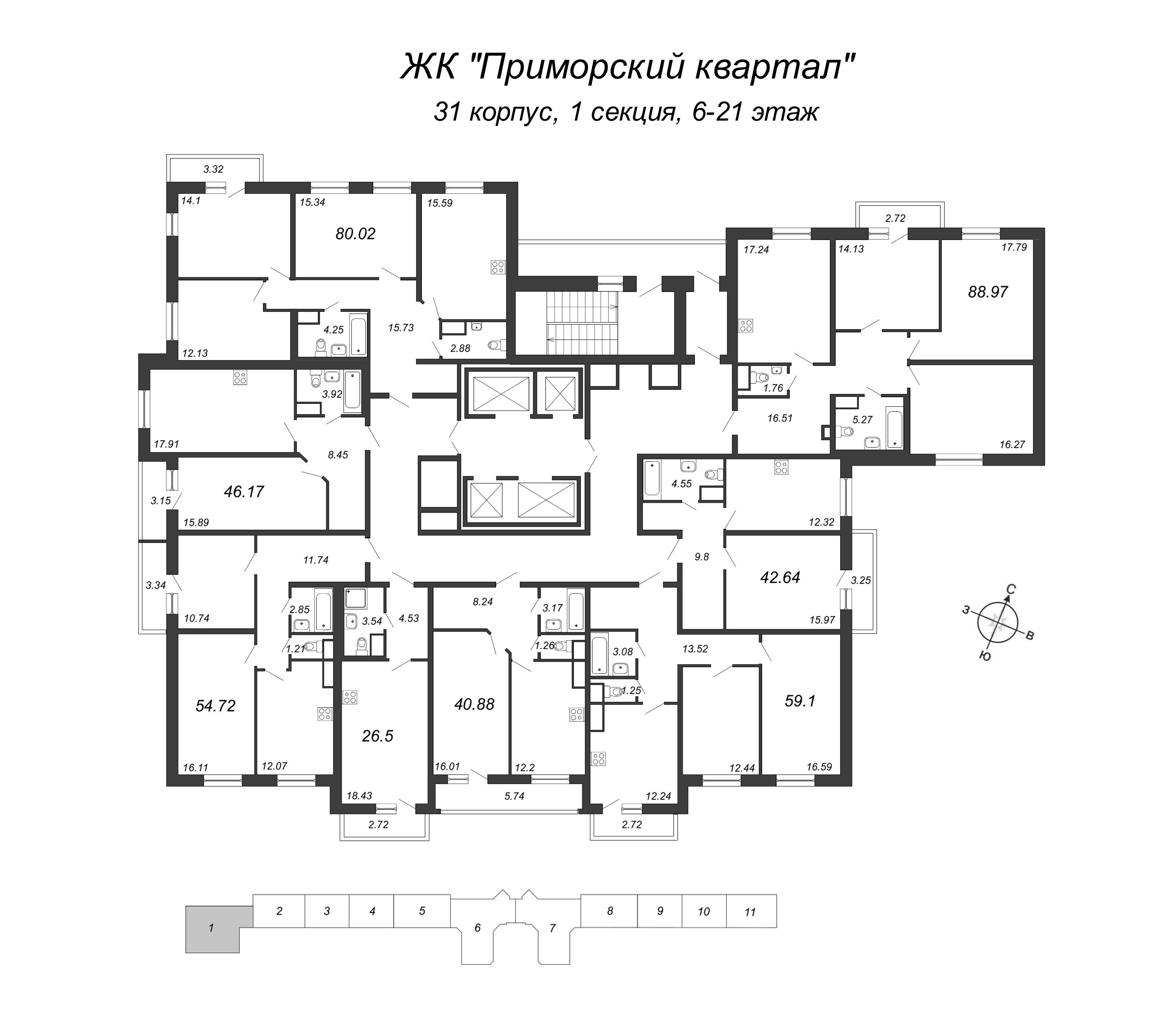 Квартира-студия, 26.5 м² в ЖК "Приморский квартал" - планировка этажа