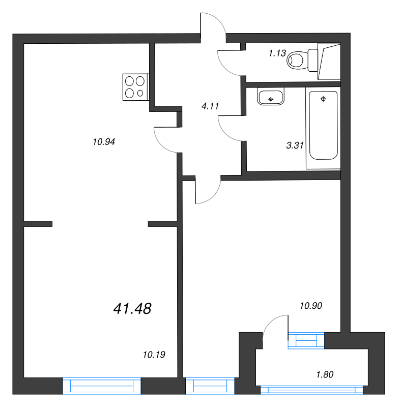 2-комнатная (Евро) квартира, 41.48 м² в ЖК "AEROCITY" - планировка, фото №1
