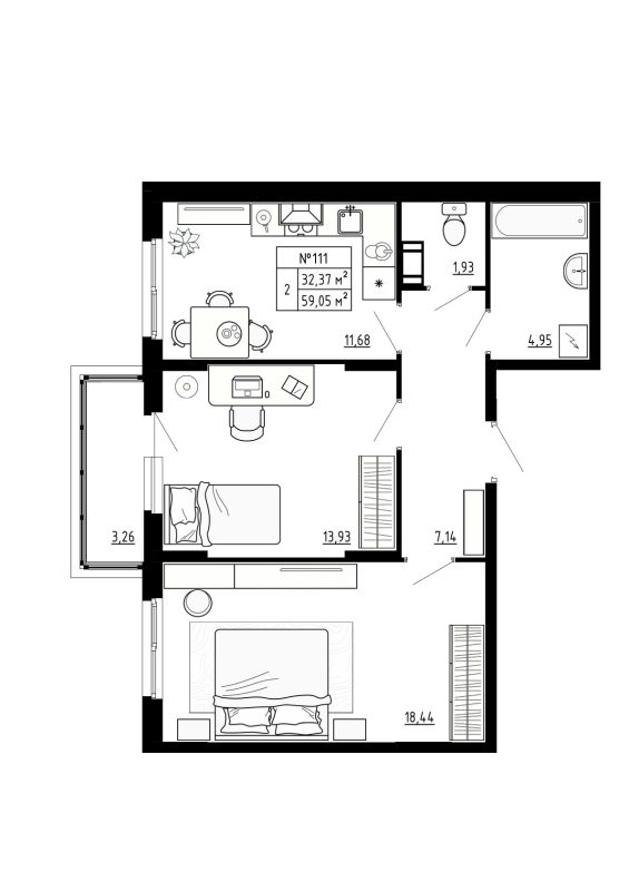 2-комнатная квартира, 59.05 м² - планировка, фото №1