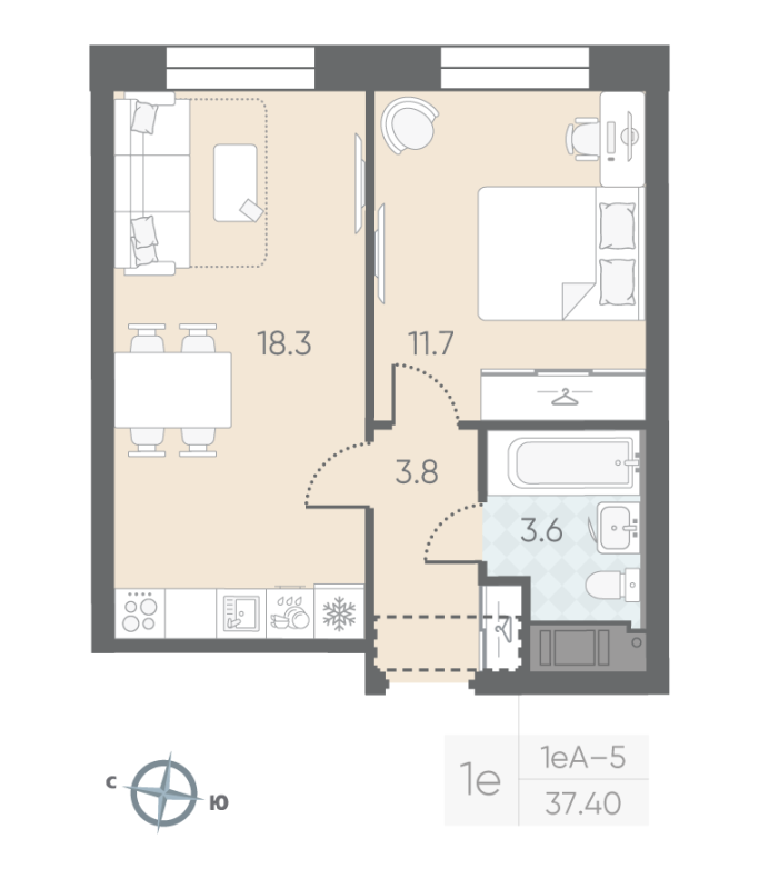 2-комнатная (Евро) квартира, 37.4 м² в ЖК "Большая Охта" - планировка, фото №1