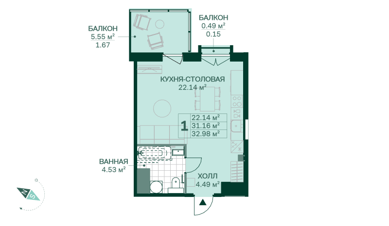 Квартира-студия, 32.97 м² в ЖК "Magnifika Residence" - планировка, фото №1