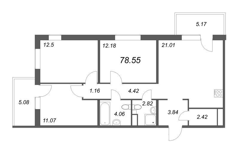 4-комнатная (Евро) квартира, 78.75 м² в ЖК "IQ Гатчина" - планировка, фото №1