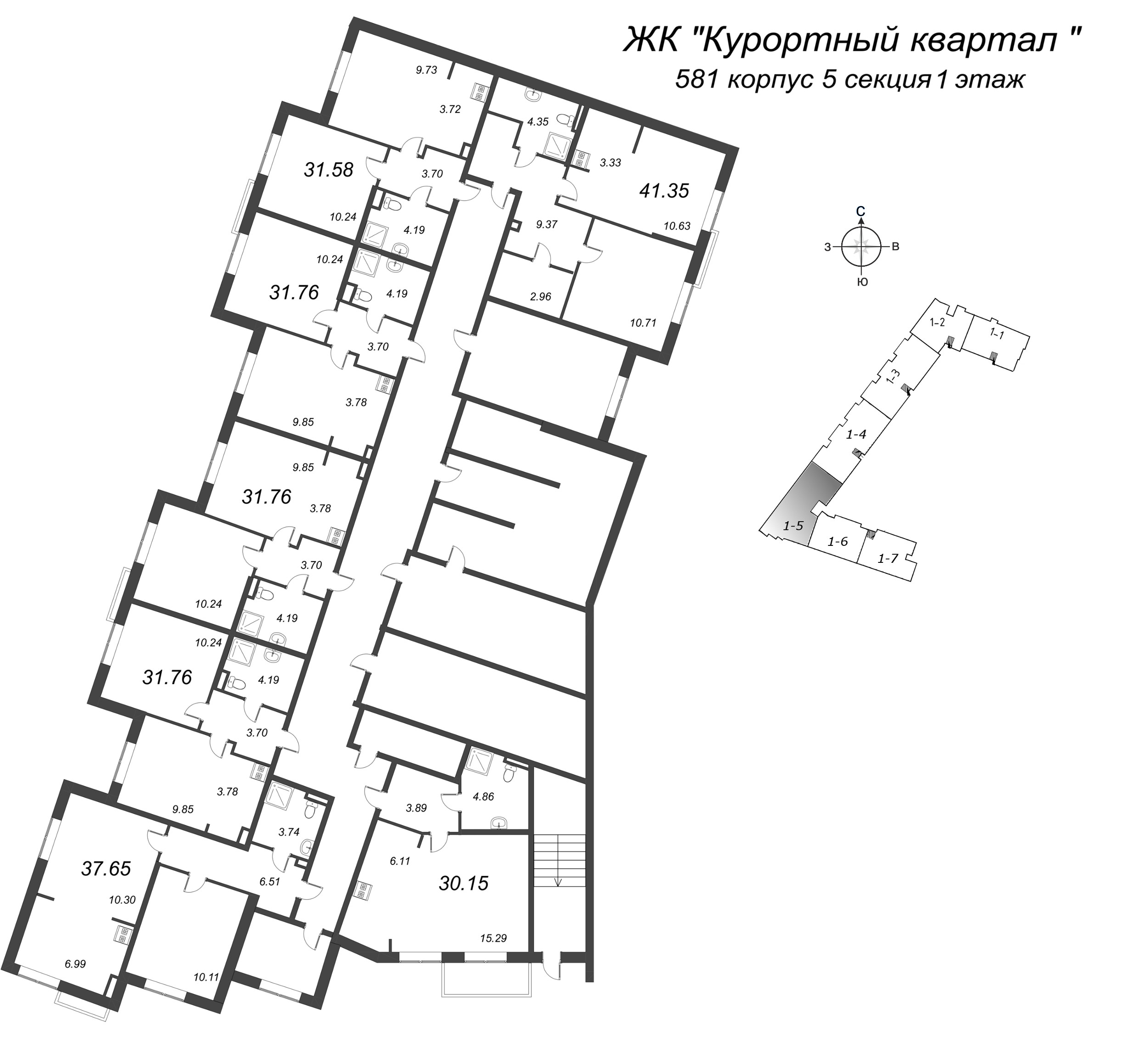 1-комнатная квартира, 31.58 м² в ЖК "Курортный Квартал" - планировка этажа