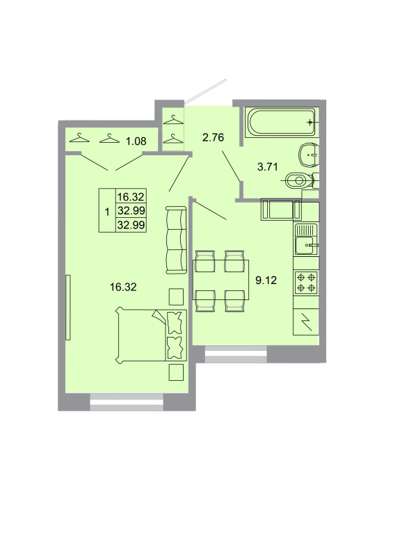 1-комнатная квартира, 32.1 м² в ЖК "Стороны света" - планировка, фото №1