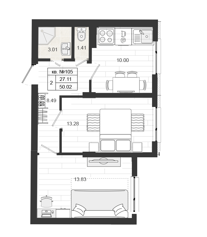 2-комнатная квартира, 50.1 м² в ЖК "Верево Сити" - планировка, фото №1