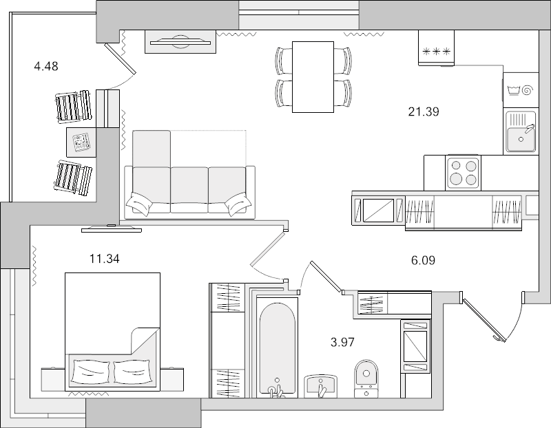 2-комнатная (Евро) квартира, 42.79 м² в ЖК "Новые горизонты" - планировка, фото №1