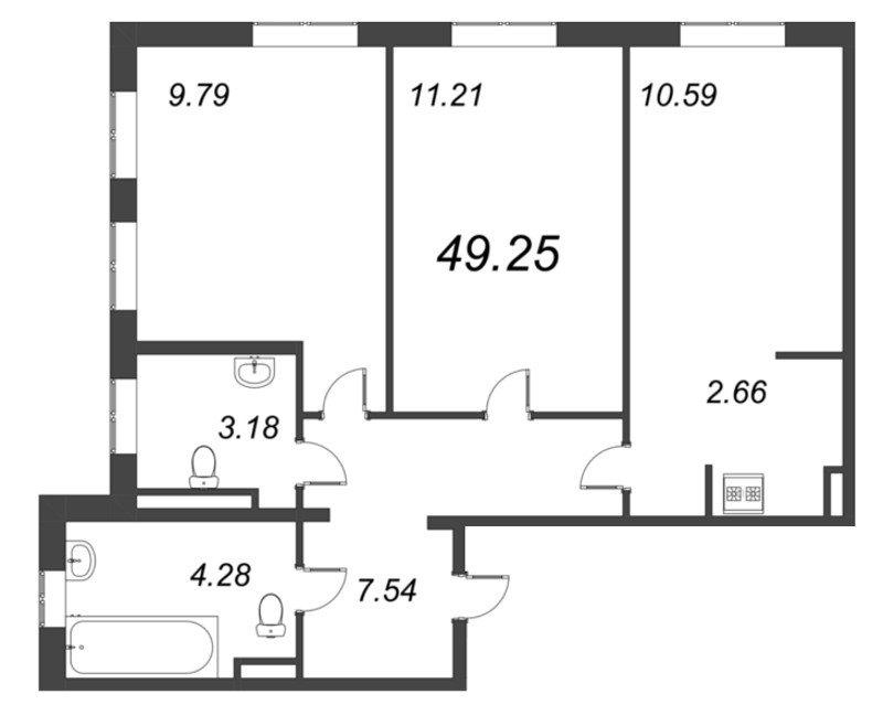2-комнатная квартира, 49.25 м² в ЖК "Курортный Квартал" - планировка, фото №1