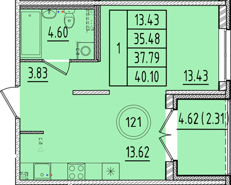 1-комнатная квартира, 35.48 м² в ЖК "Образцовый квартал 17" - планировка, фото №1