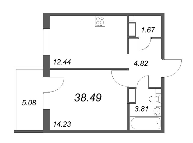 1-комнатная квартира, 38.59 м² - планировка, фото №1