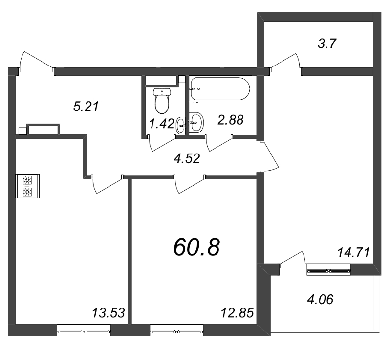 2-комнатная квартира, 62.88 м² в ЖК "Юттери" - планировка, фото №1