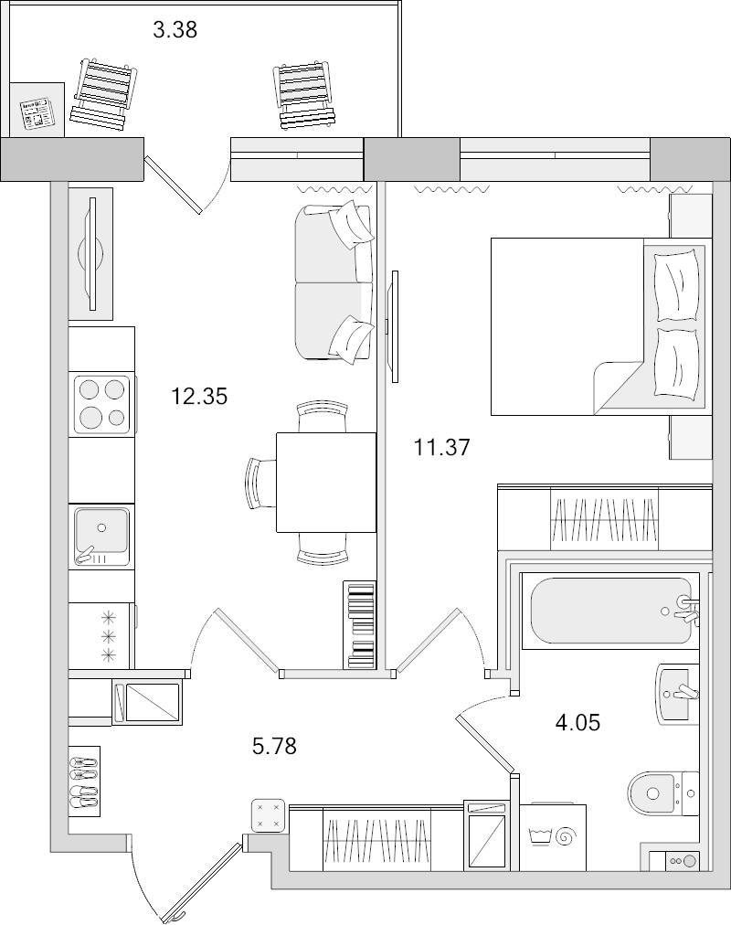 1-комнатная квартира, 33.55 м² в ЖК "Parkolovo" - планировка, фото №1