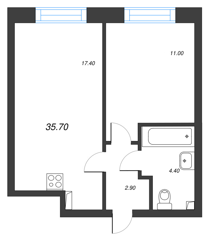 2-комнатная (Евро) квартира, 35.7 м² в ЖК "Большая Охта" - планировка, фото №1