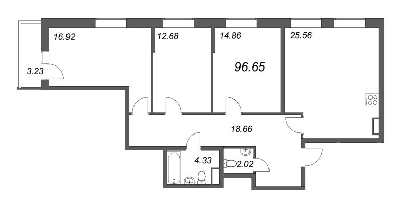 4-комнатная (Евро) квартира, 95.8 м² в ЖК "Аквилон Zalive" - планировка, фото №1